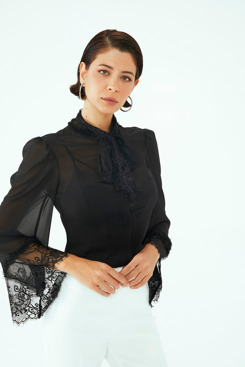 CHIFFON SHIRT WITH FRENCH LACE DETAIL - Barrus London